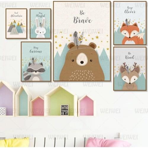 Bear Rabbit Fox Deer Nursery Wall Art Canvas Painting Cartoon Nordic Posters and Prints Wall Pictures Girl Boy Kids Room Decor