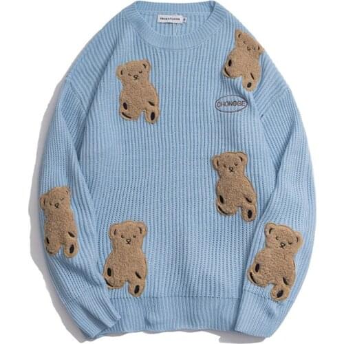 Mens Japanese Harajuku Sweater Bear Embroidery Knitted Pullovers Women O-Neck Casual Loose Sweaters Oversized Couples Tops