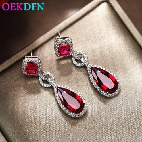OEKDFN Luxury 100% 925 Sterling Silver Drop Earrings For Women Vintage Ruby Gemstone Party Engagement Wedding Girl Fine Jewelry
