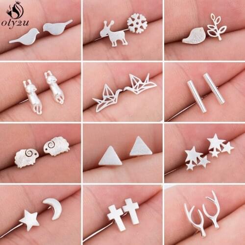 Lovely Silver Color Geometric Earrings for Women Girls Fashion Bird Cat Deer Star Moon Stud Earrings Animal Jewelry Trendy Gift