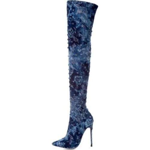 Drop Shipping Woman Blue Jeans Small Holes Slim Over The Knee Boots Pointed Toe Sexy Stiletto Heels Thin Leg Thigh Long Boots