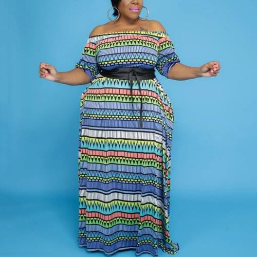 Plus Size Dresses For Women 4XL 5XL Floor Length Geometric Print Off the Shoulder Loose Sexy Evening Night Party Vestidos Mujer