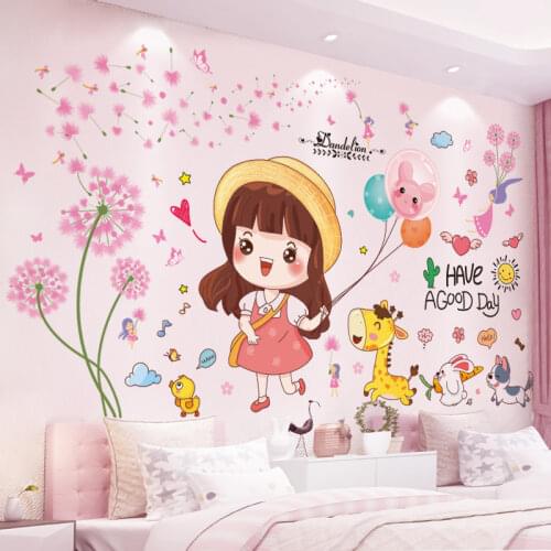 [SHIJUEHEZI] Girl Animals Balloons Wall Sticker DIY Dandelion Flowers Mural Decals for Kids Rooms Baby Bedroom Home Decoration