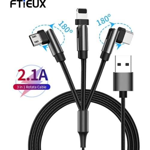 3 in1 USB Cable for iPhone 12 11 Fast Charge 180 Rotate Micro USB Type C Game Controller Charging Wire for Xiaomi Samsung Huawei
