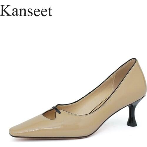Kanseet Thin Heels Vintage 2021 Women Pumps Hollow Out Spring Square Toe Party Prom Office Black Genuine Leather Shoes Women