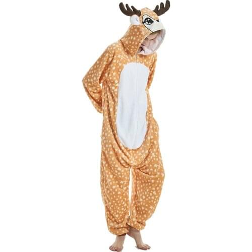 Unisex Woman onesies Animal Deer kigurumi zipper Hooded Jumpsuit warm kigurumi pajamas flannel Sleepwear Christmas Costume Adult