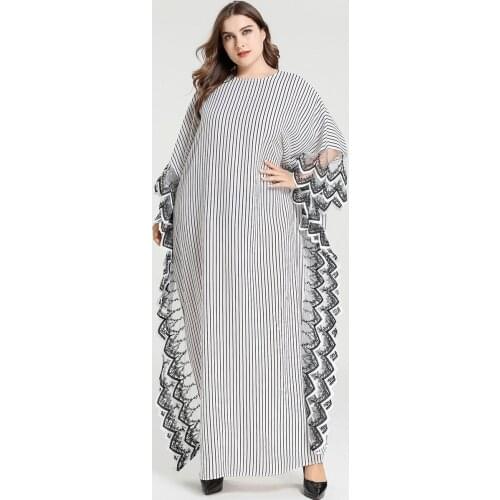 Ethnic Lace Striped Maxi Dress Muslim Abaya Bat Sleeve African Dashiki Kimono Long Robes Ramadan Eid Middle East Arab Islamic