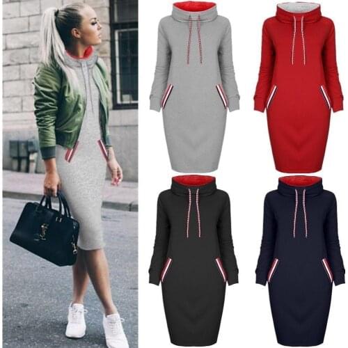 Hoodies Dress Cotton 2020 Winter Autumn Women Hooded dresses Long Sleeves casual Pullover Sweatshirt Female pocket Black Gray