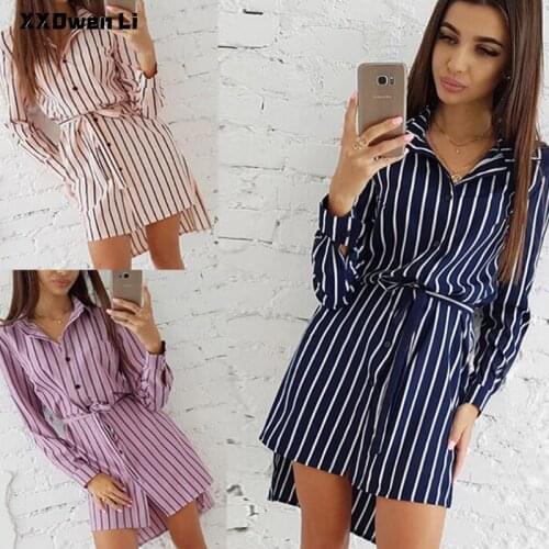 Women Casual Stripe Buttons Long Sleeve Shirt Mini Dresses 2021 Spring Autumn Elegant Belt Dress For Woman Office Lady Dresses