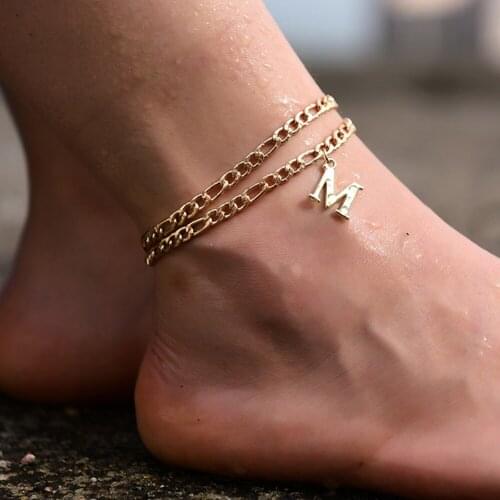2Pcs/Lot Fashion Initial Letter Anklets Bracelet Stainless Steel Gold Plated Chain For Women Men Beach Btarefoot Jewelry Gift