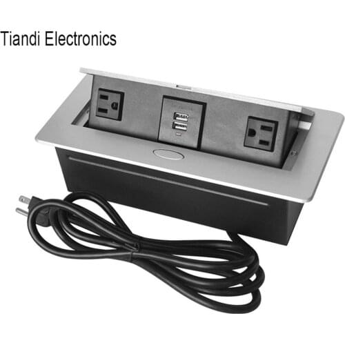 2 US standard power USB charging outlet box zinc alloy pop up silver round edge table top socket with switch button cable cord