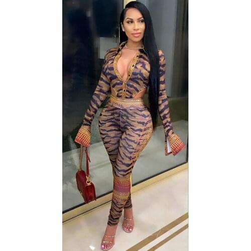 2020 spring women fashion new sexy club party style sets long sleeve jumpsuits elastic long pants printed two piece sets