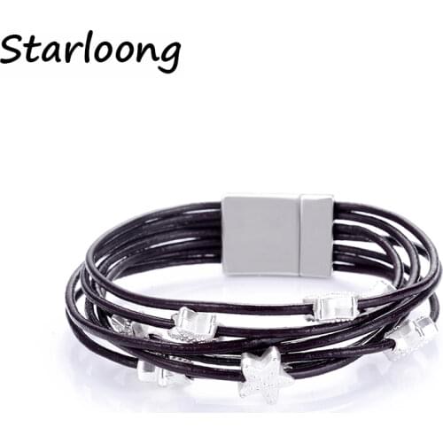 New trendy alloy star charm spacer beads multi-layer geniune leather cord magnetic clasp wrap bracelets bangles women and men