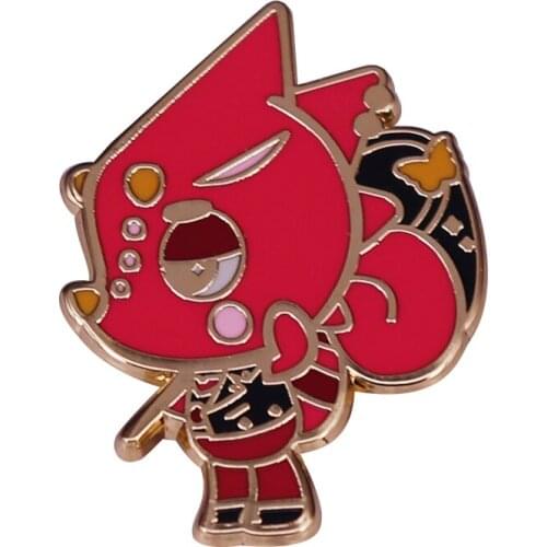 Red chameleon Flick and his black net lapel pin the host of the Bug Off brooch