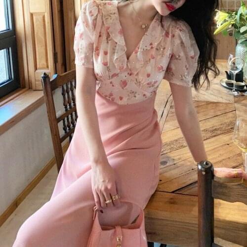 Hstar One Piece Dress Korean Short Sleeve Thin Elegant Dresss Women Casual Floral Printed Midi Dress Office Lady 2021 Summer