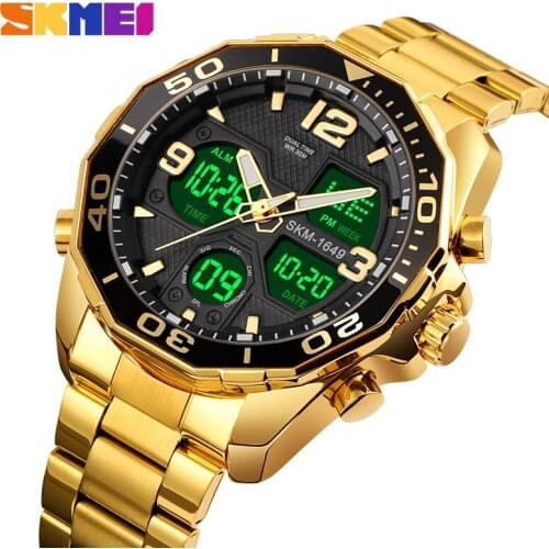 SKMEI Mens Military Sports Waterproof Watches Luxury Analog Quartz Digital Wrist Watch for Men Bright Backlight Gold Watches