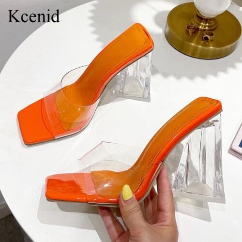 Kcenid 2022 Summer New Sexy PVC Transparent Triangle High Heels Ladies Slippers Concise Square Toe Women Jelly Shoes Orange
