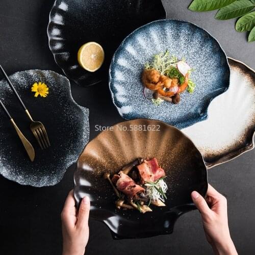 25cm Japanese Shell Shape Ceramic Dinner Plate Irregular Porcelain Steak Pasta Dish Tray Anti-skid Household Salad Fruit Plate
