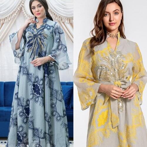 Muslim Fashion Dress for Women Dubai Jalabiya Sequins Embroidered Abaya Arabic Loose Casual Caftan Morocco Eid Abayas for Female