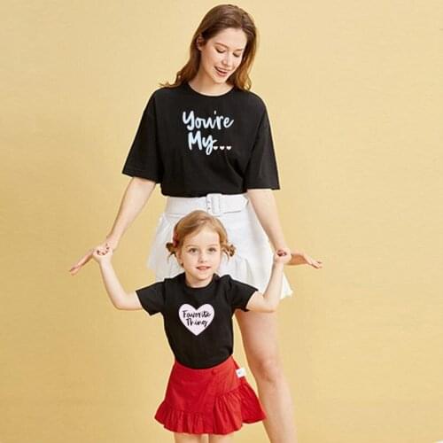 Love print go with everything summer new short sleeve mother and daughter loose popular logo fashion mom and girl round collar