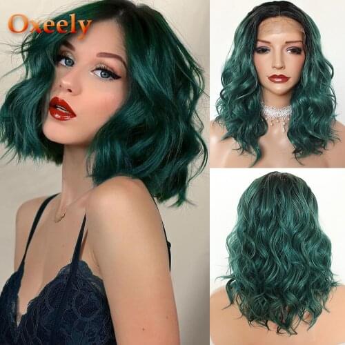 Oxeely Green Hair Short Bob Wave Lace Front Wigs Heat Resistant Glueless Short Wavy Synthetic Lace Front Wigs for Fashion Women