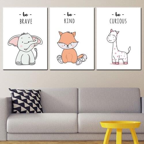 Simple Nordic Cartoon Animal Print Canvas Painting Watercolor Elephant Fox Giraffe Posters Childrens Room Cute Decor Pictures
