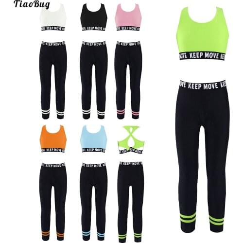 TiaoBug 2Pcs Kids Girls Sport Suit Letters Print Crop Vest And Pants Set Sportswear For Running Gym Yoga Fitness Hiking Dance