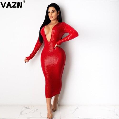 VAZN New FFashion Mujer Luxurious Sequins Glitter Maxi Long Elegant Young Dress 2020 Full Sleeve V-neck Lady Dress