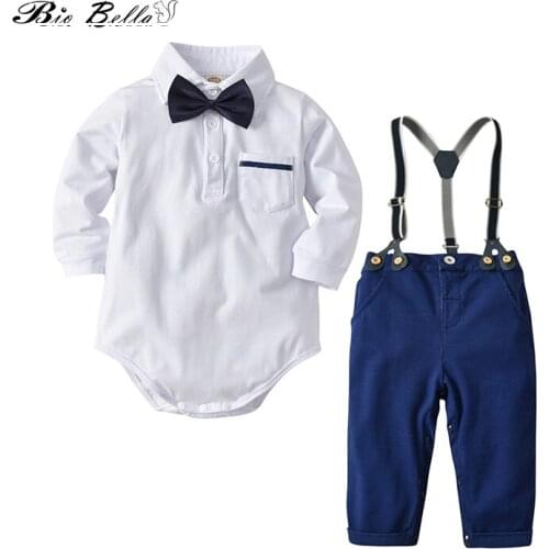 Spring Autumn Kids Clothes Set Boys Suit Long Sleeve White Bodysuits+ Bibs Pant With Bowtie 2PCS Set Gentle Boys Clothes Outfits