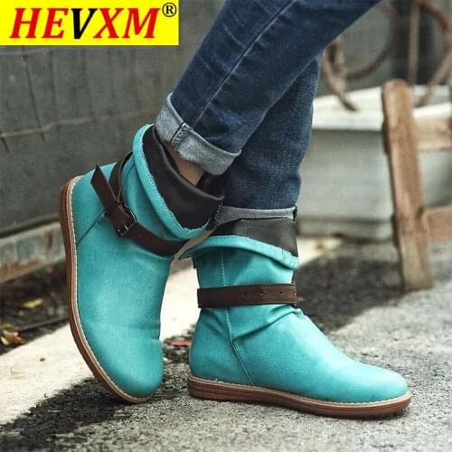 Autumn Winter Women Shoes Flat Boots Buckle Solid Color Casual Soft Ladies Ankle Boots Retro Comfort Shoes Booties for Females