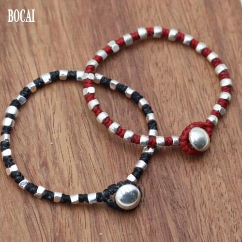 BOCAI solid s925 sterling silver irregular handmade silver bead bracelet peas bead bracelet for men and women wax rope braided