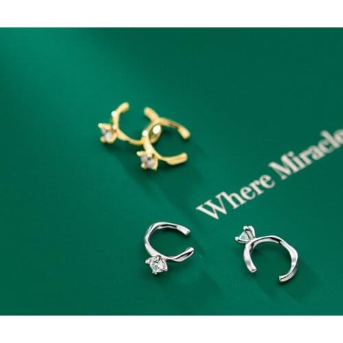 1pair (No pierced) Real. 925 Sterling Silver Jewelry CZ Solitaire Wave Clip On Cuff Earrings otica Ear-Bone C-G8764