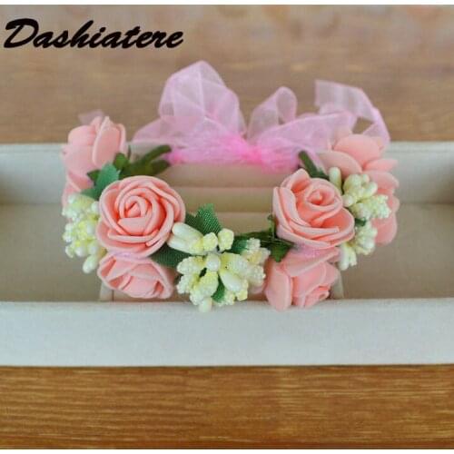 4pcs/lot Wedding Bride Hand Flower Pink Ivory Rose Bridesmaid Wrist Corsage Kids Bracelet Girls Dance Birthday Party Supplies