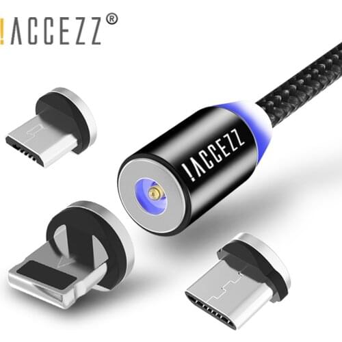 !ACCEZZ Magnetic Charging Cable Lighting For iPhone XS XR X 8 3 in 1 Micro USB Type-C For Samsung S9 LED Charger Cord Line 1M