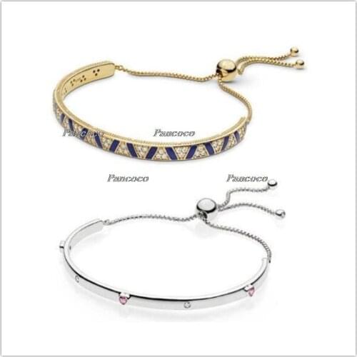 925 Sterling Silver Shine Stones & Triangular Milgrain Stripes Sliding Bracelet Fit Women Bead Charm Pandora Jewelry