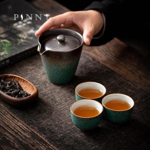 PINNY Turquoise Glaze Ceramic Travel Tea Set 1 Pot 3 Cups Portable Tea Service Retro Heat Resistant Drinkware