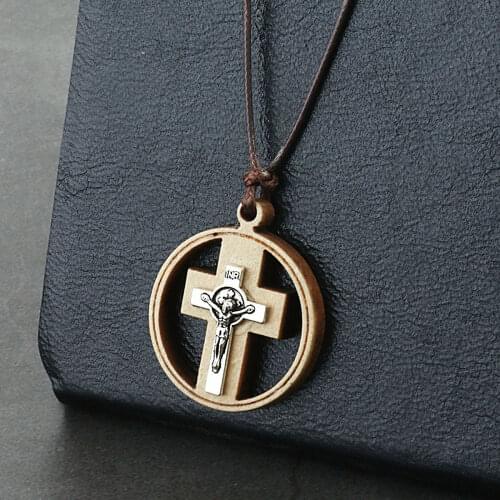 Catholic Hollow Round Cross Crucifix Jesus Pendant Necklace Leather Chain Necklaces Wooden INRI Religious Statement Jewelry Gift