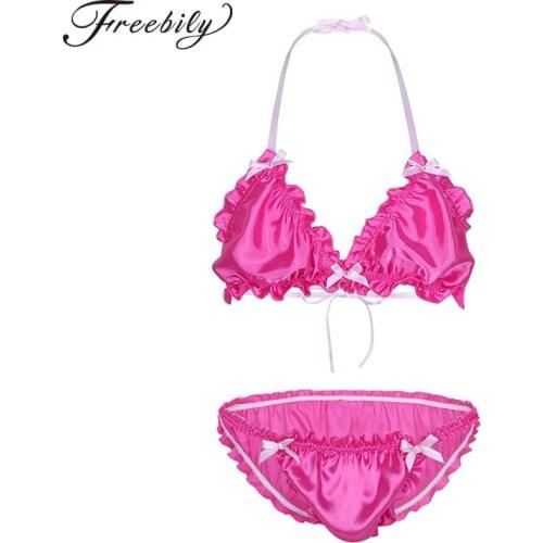 Sissy Mens Ruffled Frilly Shiny Lingerie Set Strappy Halter Bikini Bra Top with Briefs G-Strings Underwear Gay Panties