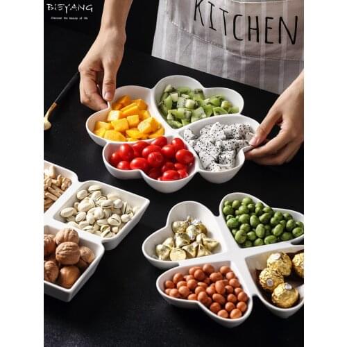 Creative White Divided Grid Ceramic Dessert Plate Household Four Square Fruit Platter Four Grid Dried Fruit Plate Kitchen Tools