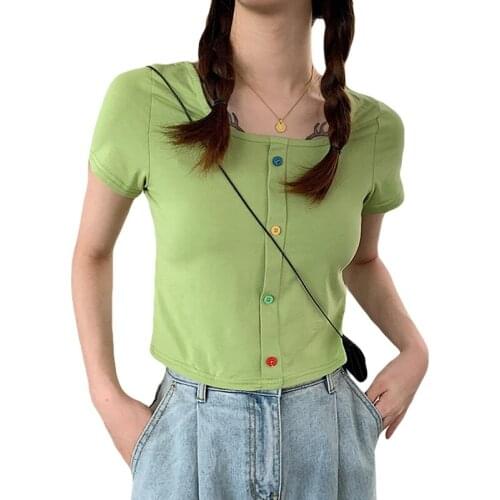 Summer T-shirts Women Knitted Tee Female Cute Colorful Buttoned Up Tops O-Neck Short Sleeve Tees Tops