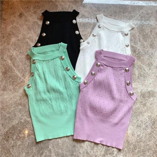 Summer Tight Stretch Knitted Vest Tank Top Women Summer Thin Short Knitting Shirt All-match Button Halter Knitted Vest Slim Fit