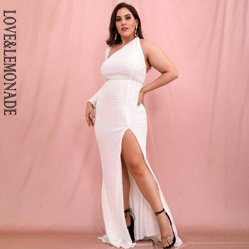 LOVE&LEMONADE PLUS SIZE Sexy Open Back Single Sleeve White Elastic Sequins Fishtail Maix Dress LM81333-2PLUS
