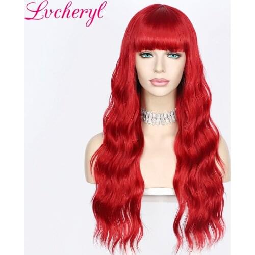 Lvcheryl Machine Made Simulated Scalp Synthetic Wig Wave High Temperature Red Wig with Bangs for Women Cosplay Drag Queen Party