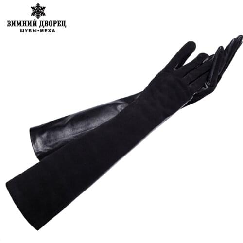 Fashion Style long leather gIoves,goat skin,Adult,Genuine Ieather,Warm lined,Black Ieather gIoves,Women matte Ieather gIoves