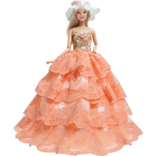 Fashion Orange Layered Skirt Elegant Lady Dress Hat Outfit Gown Dance Party Wear Accessories for Barbie Doll Clothes Toy
