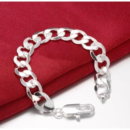 Silver 925 Bracelets for Men 12mm Link Chain Bracelet & Bangles Wristband Man Pulseira Homme Fashion Male Jewelry Gifts