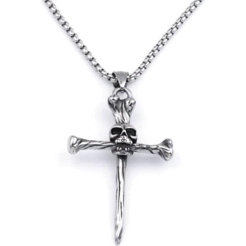 New Vintage Cross Skull Pendant Necklace Men Jewelry Alloy Nail Cross Necklace Punk jewelry