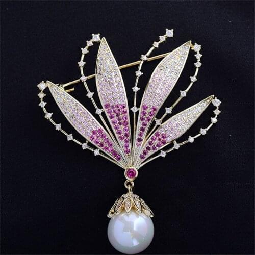 OKILY Sweet Wedding Zircon Orchid Flower Brooches Luxurious Petal Floral Broochpin with Pearl Broach for Women Christmas Gift
