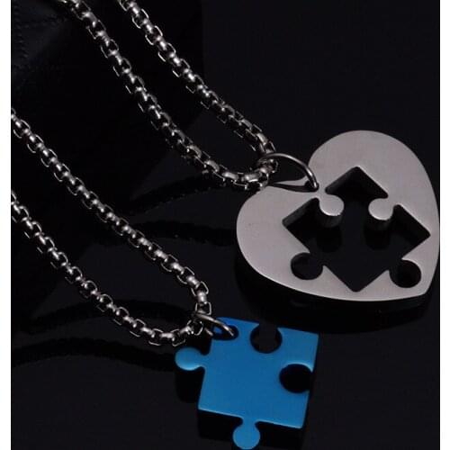 New 2pcs Jigsaw Geometry Couples Necklace for Lovers Stainless Steel Pendant Necklaces Jewelry Gold Choker Statement Necklace