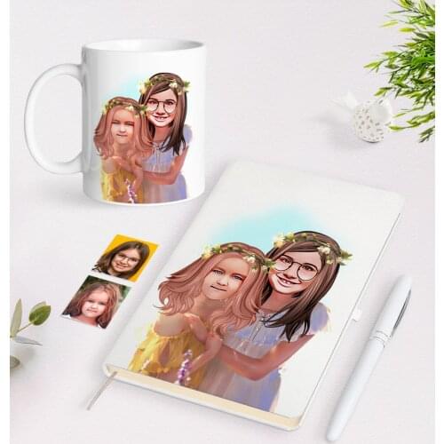 Personalized Sisters Caricature Of White Notebook pen And Mug Gift Seti-2